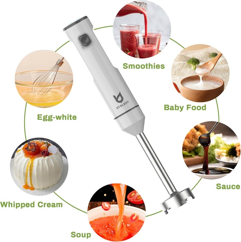 UTALENT Cordless Hand Blender, Variable Speed Immersion Blender handheld Rechargeable, with USB-C Charging Cable, Egg Whisk, for Smoothies, Milkshakes, Hummus and Soups – White - Image 4